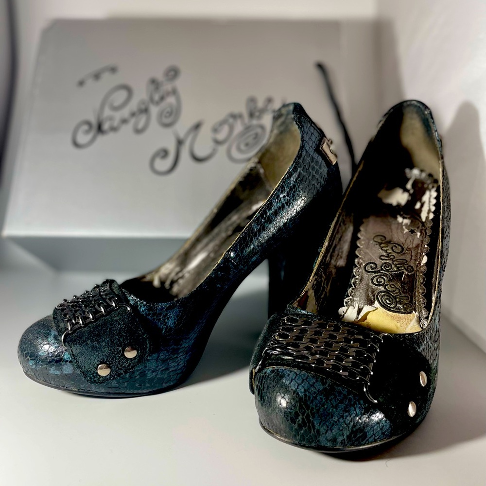 Naughty Monkey 6.5 Snakeskin and hardware embellished heels.